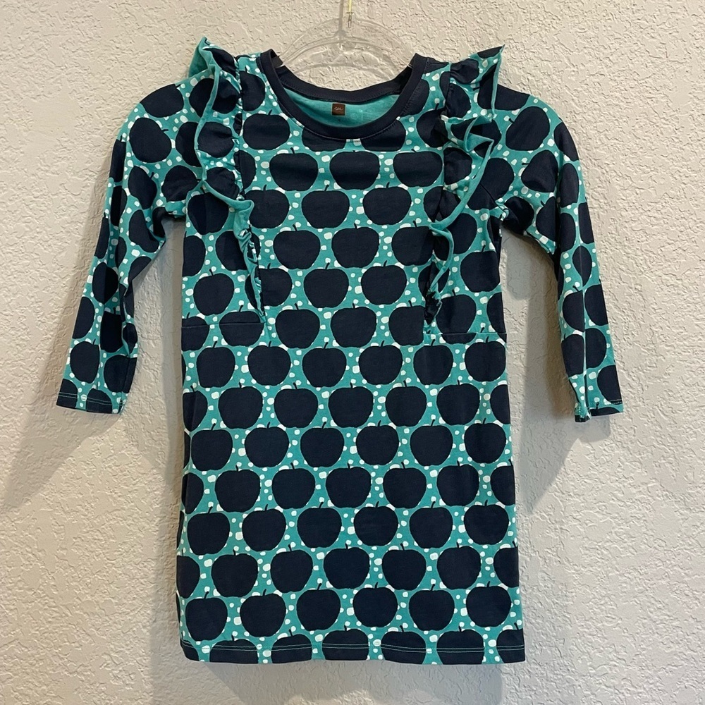 Tea Collection Liv Knit Ruffle Shoulder Apple Wax Print Babydoll Dress - Picture 2 of 5